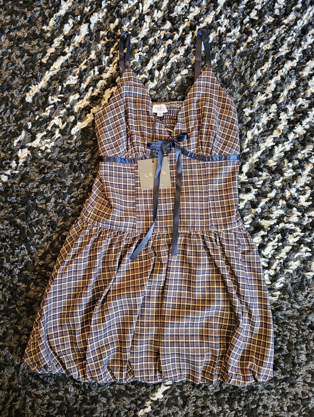 Le Lis Navy and Brown Plaid Spaghetti Strap Dress